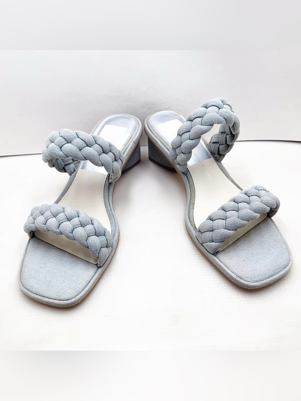 {Dolce Vita} Indy Light Blue Denim Slip On Open Square Toe Woven Straps Sandals - Picture 6 of 14